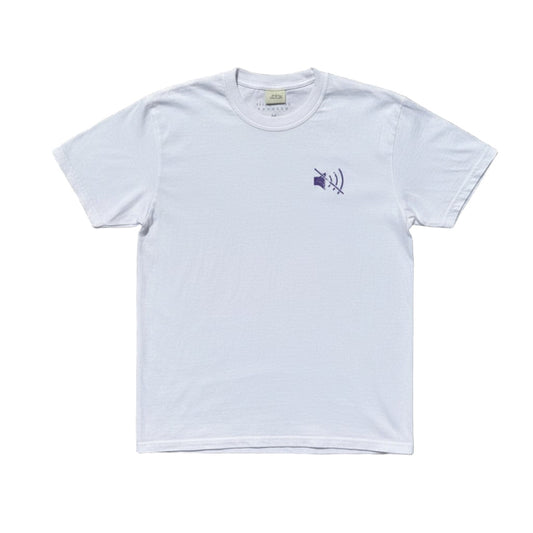 White t-shirt with a small logo on a white background