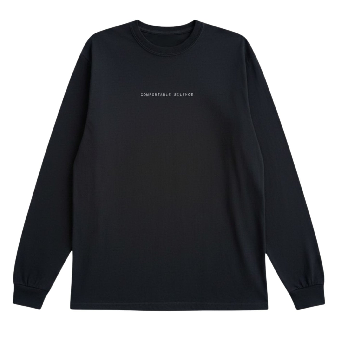 Black long-sleeve shirt with 'Comfortable Silence' text on a white background