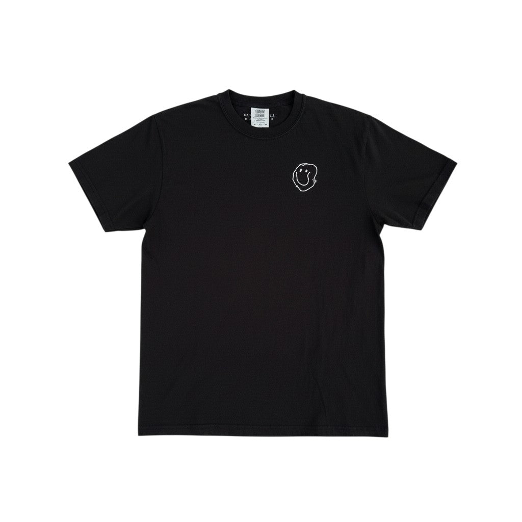 Black t-shirt with a small white logo on a white background