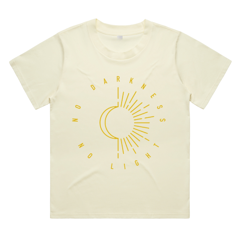Beige t-shirt with yellow sun graphic and text on a white background