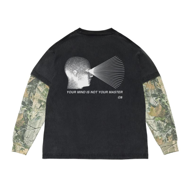 Black long-sleeve shirt with camouflage sleeves and graphic design on a white background