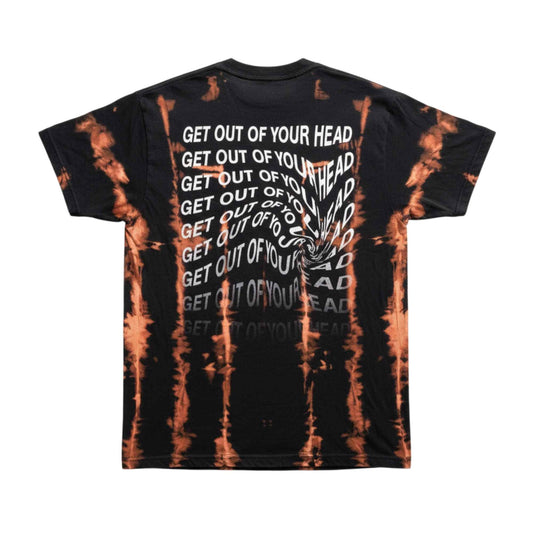Tie-dye t-shirt with text 'GET OUT OF YOUR HEAD' on a white background