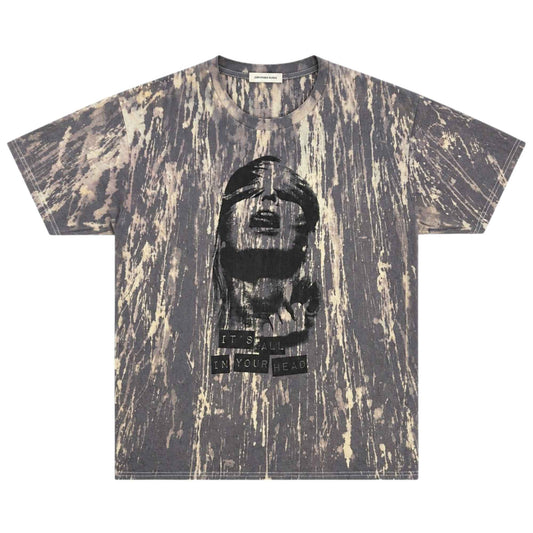 A hand-bleached distorted charcoal short sleeve tee with a large graphic that reads "It's All in Your Head"  on a white background front view.
