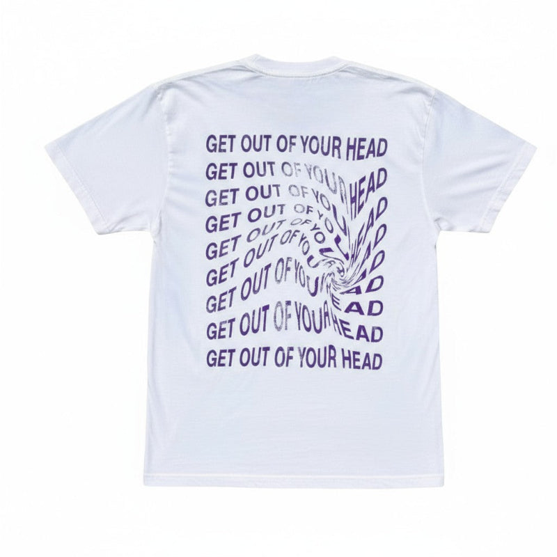 White t-shirt with purple text and design on a white background