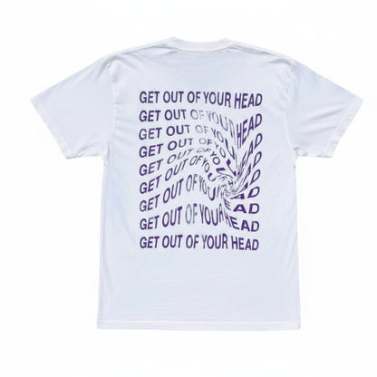 White t-shirt with purple text and design on a white background
