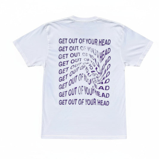 White t-shirt with purple text and design on a white background