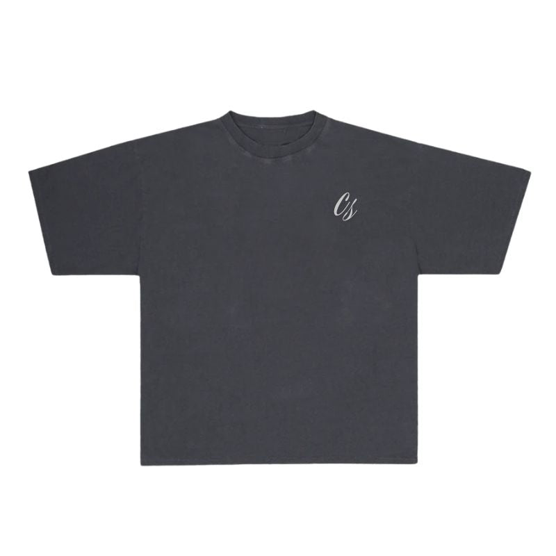 Black t-shirt with a small logo on a white background