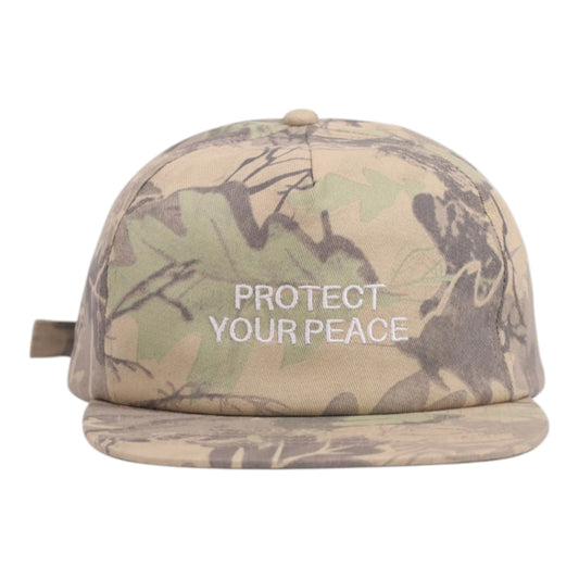 Camouflage cap with 'Protect Your Peace' text on a white background