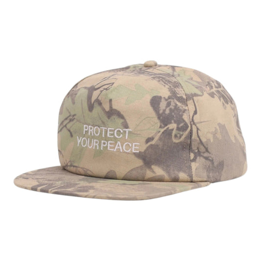 Camouflage cap with 'Protect Your Peace' text on a white background