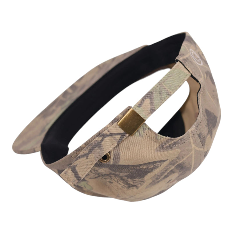 Camouflage-patterned headband with a gold buckle on a white background