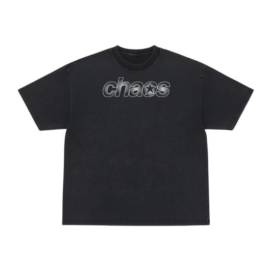 A vintage black short sleeve t-shirt with 'chaos' design on a white background