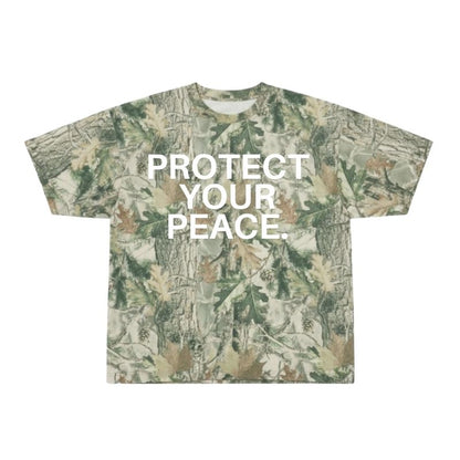 Camouflage-patterned t-shirt with 'PROTECT YOUR PEACE.' text on a white background