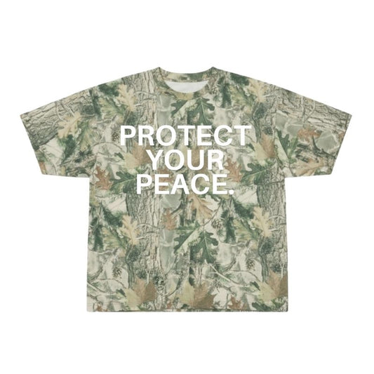 Camouflage-patterned t-shirt with 'PROTECT YOUR PEACE.' text on a white background