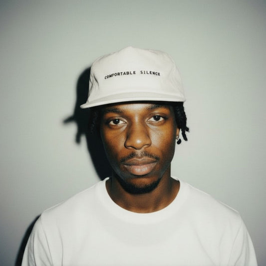 A man wearing a white baseball cap with the text 'COMFORTABLE SILENCE' in black, paired with a white t-shirt, photographed against a plain light gray background.