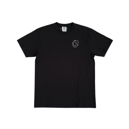 Black t-shirt with a small white logo on a white background