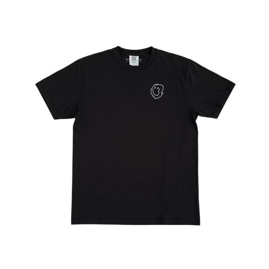 Black t-shirt with a small white logo on a white background