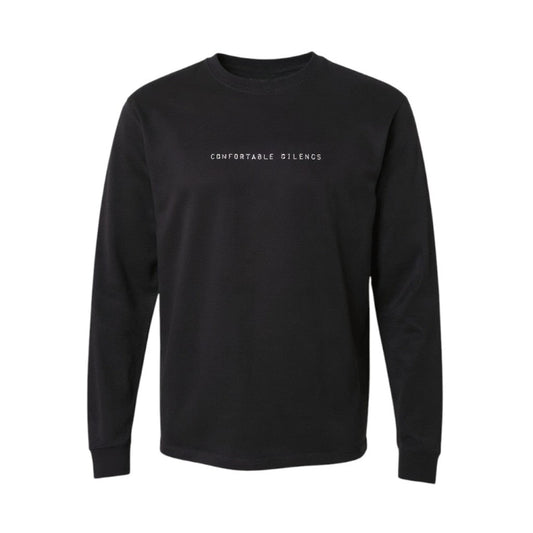 Black long-sleeve shirt with 'Comfortable Silences' text on a white background
