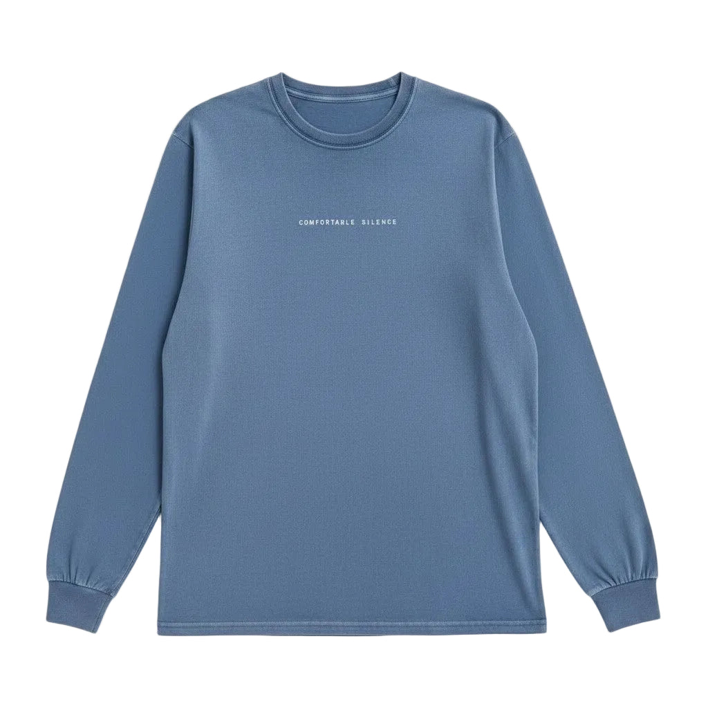Blue long-sleeve shirt with Comfortable Silence text on a white background