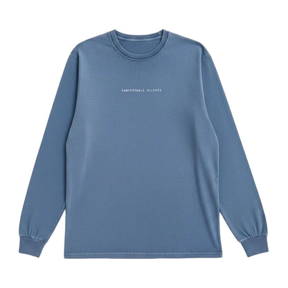 Blue long-sleeve shirt with Comfortable Silence text on a white background