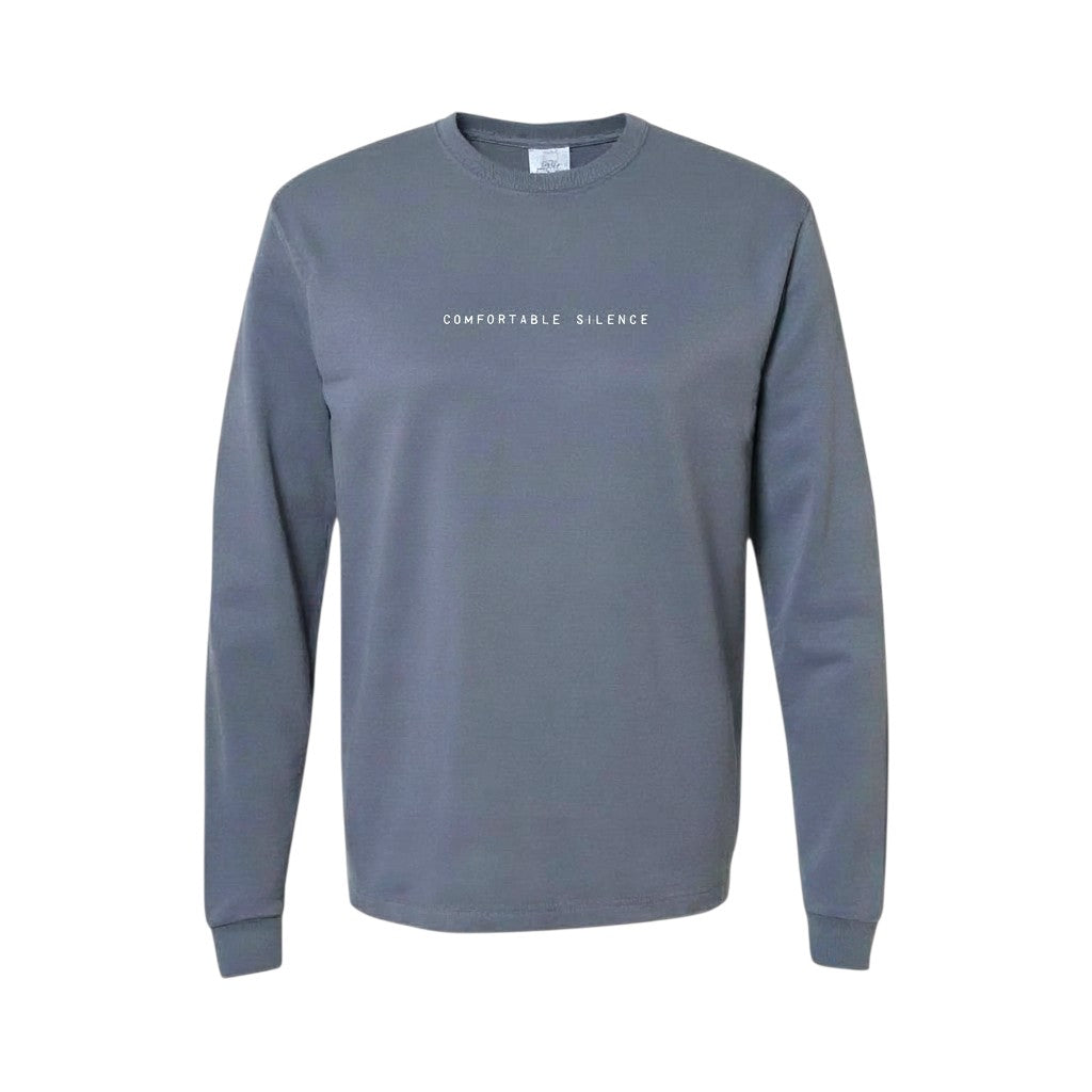 Denim long-sleeve shirt with 'Comfortable Silence' text on a white background