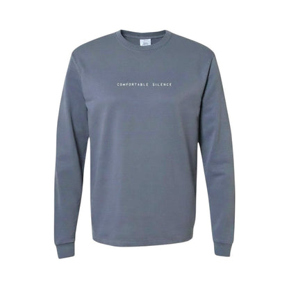 Denim long-sleeve shirt with 'Comfortable Silence' text on a white background