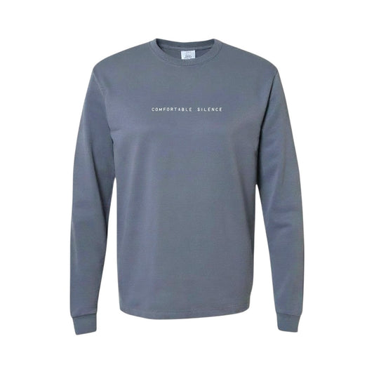Denim long-sleeve shirt with 'Comfortable Silence' text on a white background