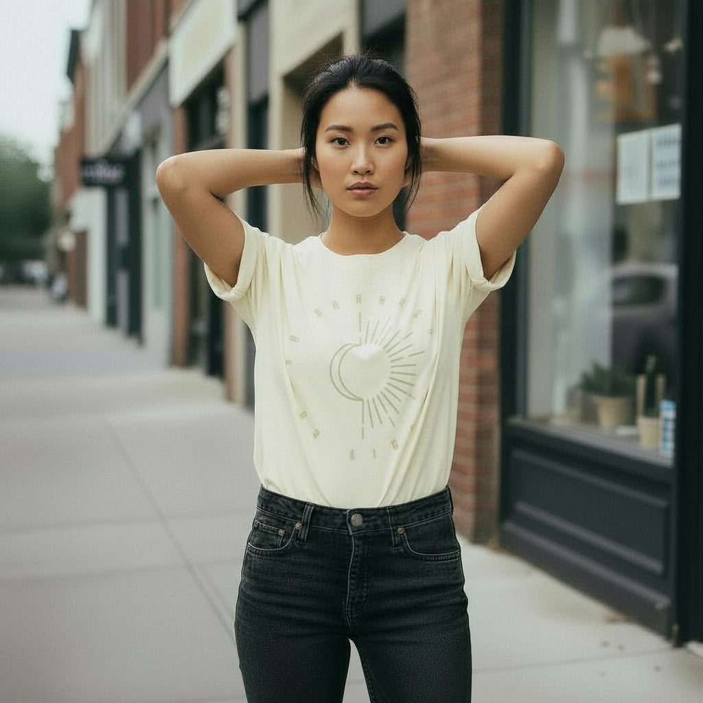Woman wearing a white t-shirt with a design on a city street