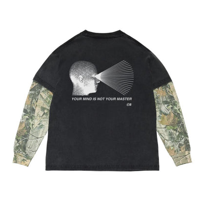 Black long-sleeve shirt with camouflage sleeves and graphic design on a white background