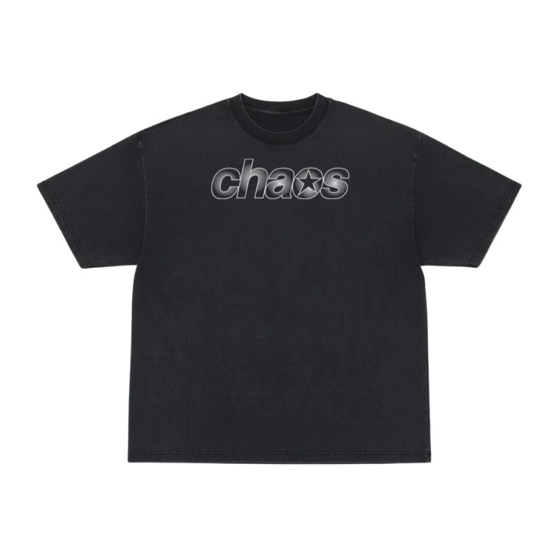 A vintage black short sleeve t-shirt with 'chaos' design on a white background