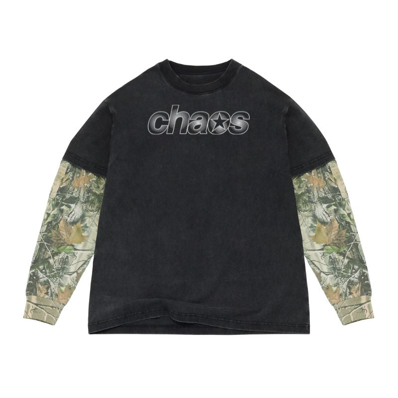 Black long-sleeve shirt with camouflage sleeves and 'chaos' logo on a white background