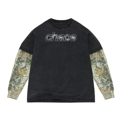 Black long-sleeve shirt with camouflage sleeves and 'chaos' logo on a white background
