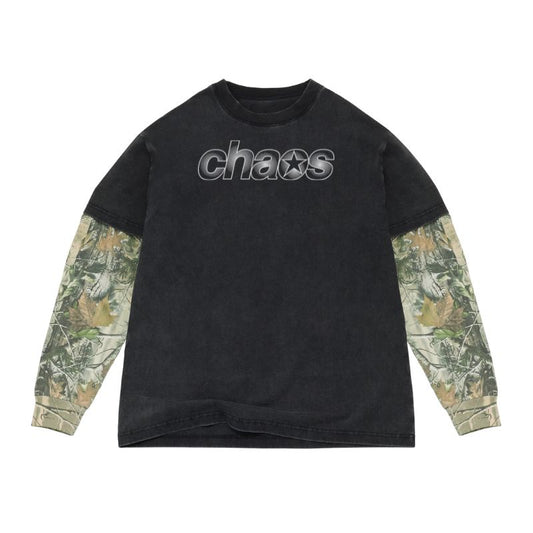 Black long-sleeve shirt with camouflage sleeves and 'chaos' logo on a white background