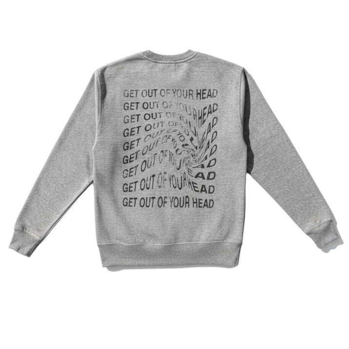 Gray sweatshirt with text design on the back against a white background