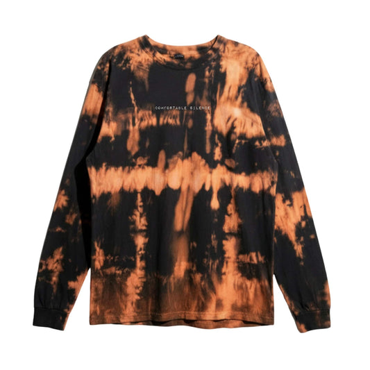 Tie-dye long-sleeve shirt with black and brown pattern on a white background