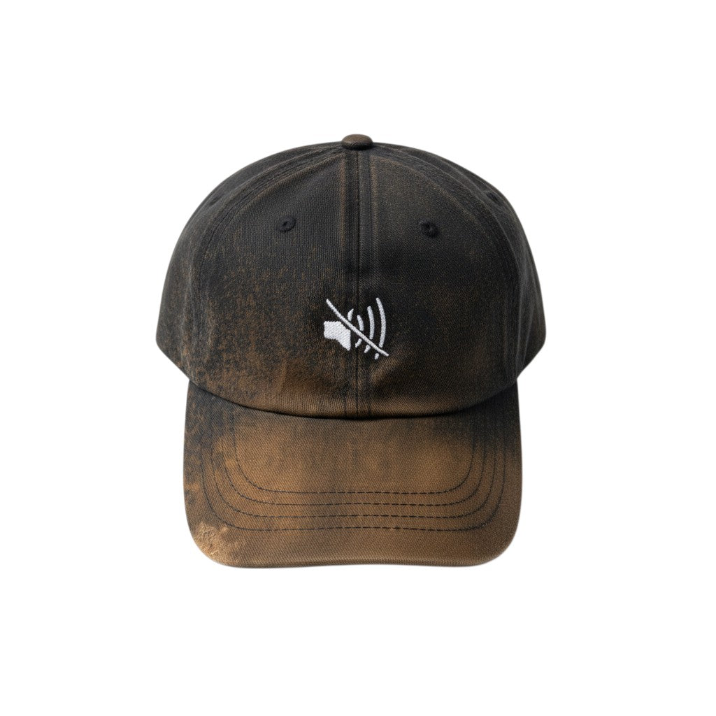 Bleach distressed baseball cap with a muted symbol on a white background.